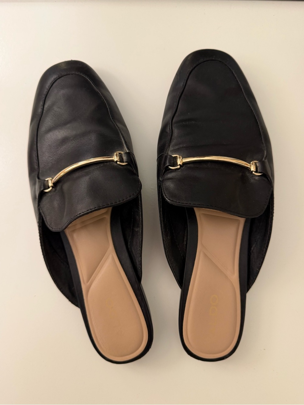 ALDO Black Leather Slip-On Mules with Gold Bar Size 9
